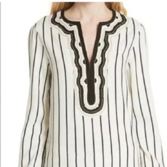 TORY BURCH ‘Filipa’ Black & White Striped Kaftan Linen Tunic size12 🆕⌚📦🏃💨🚚 - Picture 2 of 16
